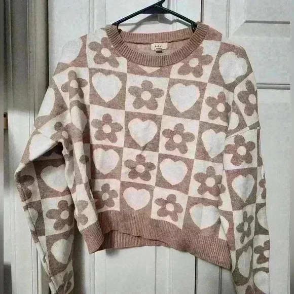 Debut pink and white heart and flower sweater size large - Picture 1 of 5